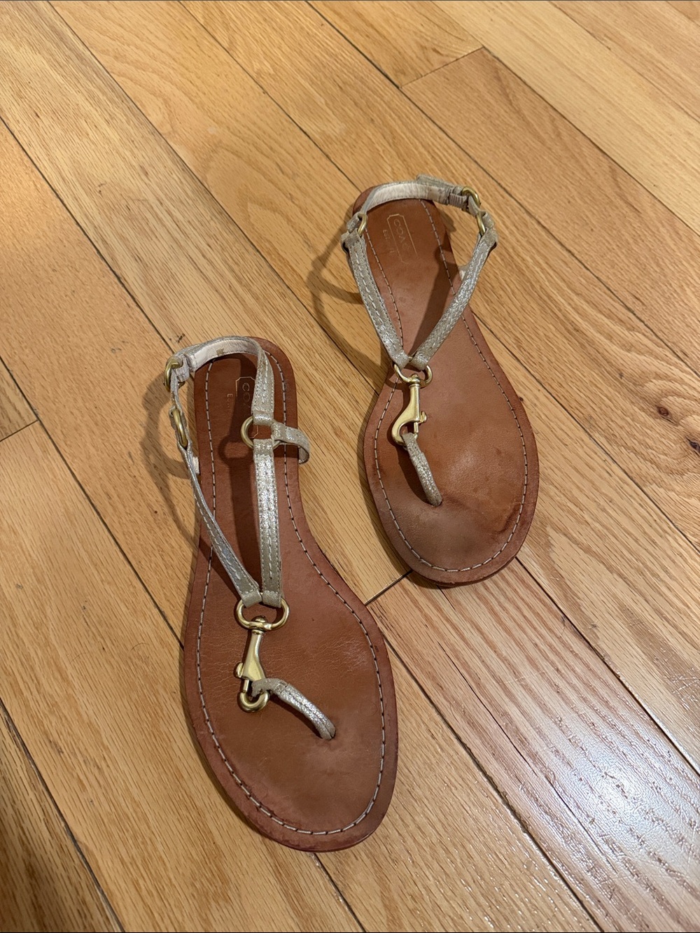 Vintage Coach Gold T-Strap Leather Sandals